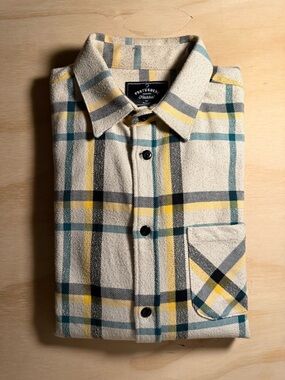 CHANEL Cream Plaid Shirt with Yellow and Teal Stripes